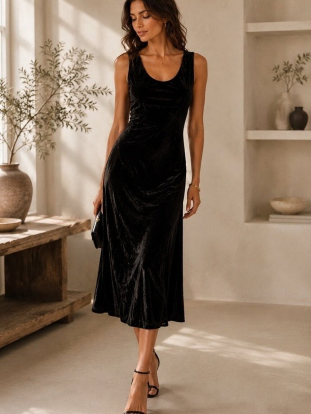 WHBM Black Velvet Slip Dress Size 6 Sleeveless Midi Cocktail Glam Dress